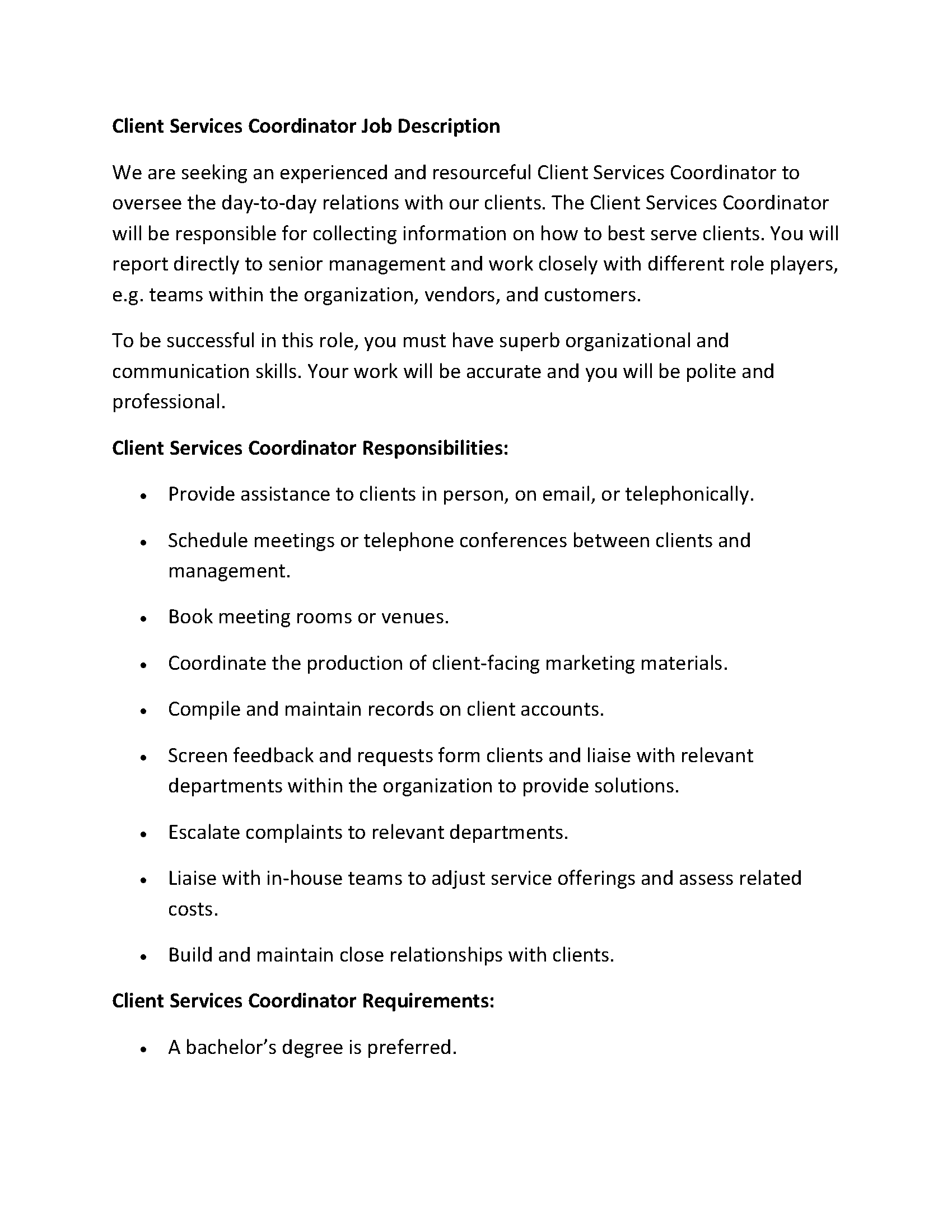 Client Services Coordinator Job Description